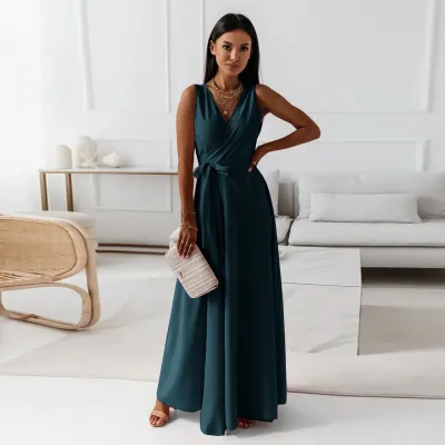 Women Fashion Casual Summer Solid Color Lace-Up V-Neck Sleeveless Long Dress