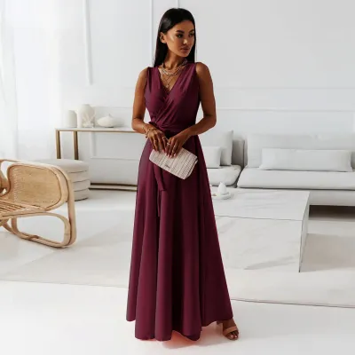 Women Fashion Casual Summer Solid Color Lace-Up V-Neck Sleeveless Long Dress