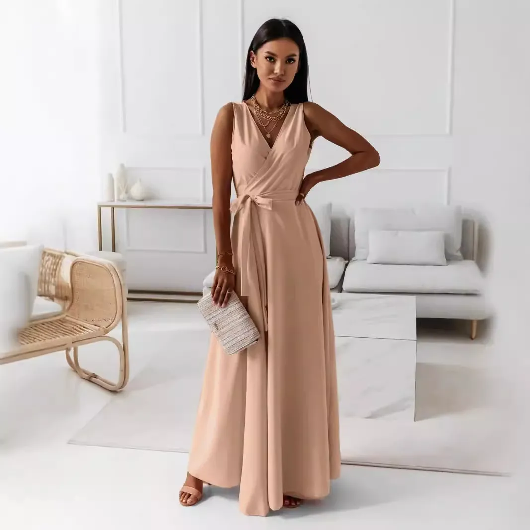 Women Fashion Casual Summer Solid Color Lace-Up V-Neck Sleeveless Long Dress