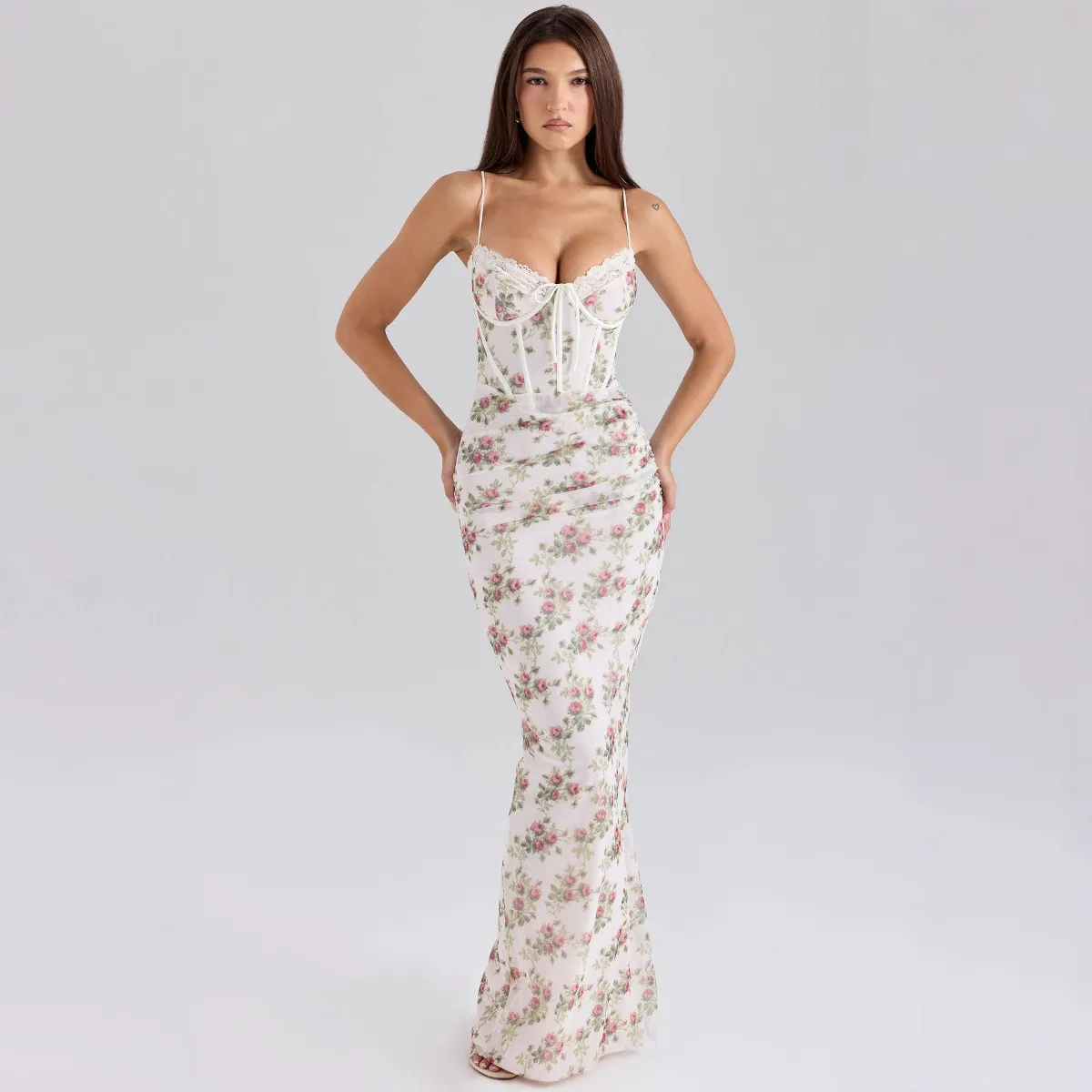 Women Fashion Sexy Summer Flower Printed Spaghetti Strap Slim-Fit Lace Dress