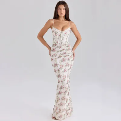 Women Fashion Sexy Summer Flower Printed Spaghetti Strap Slim-Fit Lace Dress