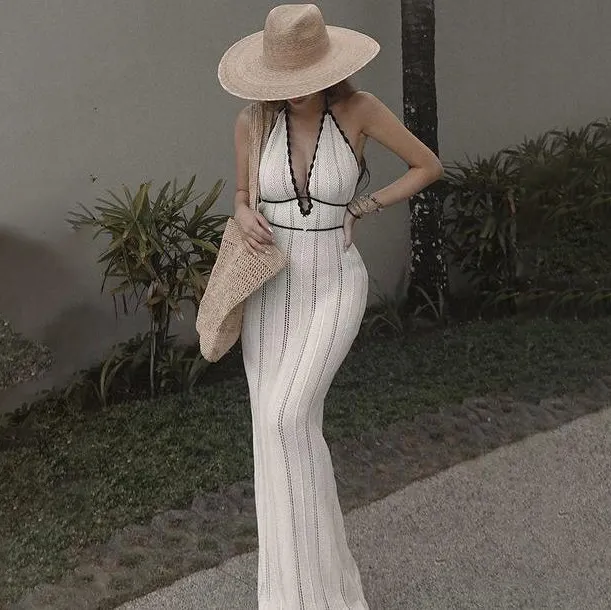 Women Fashion Sexy Summer V-Neck Halter Backless Knitted Dress