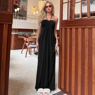 Women Fashion Sexy Summer Solid Color Halter-Neck Lace-Up Backless Dress
