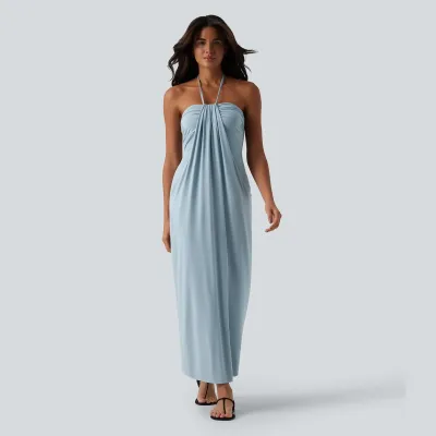 Women Fashion Sexy Summer Solid Color Halter-Neck Lace-Up Backless Dress