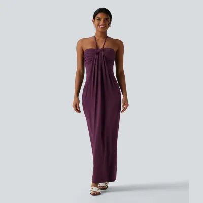 Women Fashion Sexy Summer Solid Color Halter-Neck Lace-Up Backless Dress