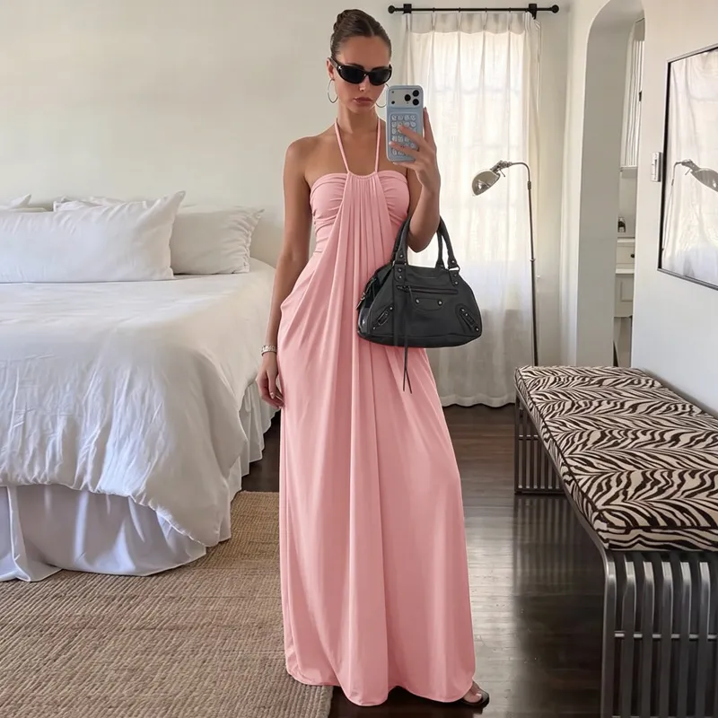 Women Fashion Sexy Summer Solid Color Halter-Neck Lace-Up Backless Dress