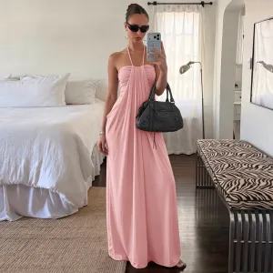 Women Fashion Sexy Summer Solid Color Halter-Neck Lace-Up Backless Dress