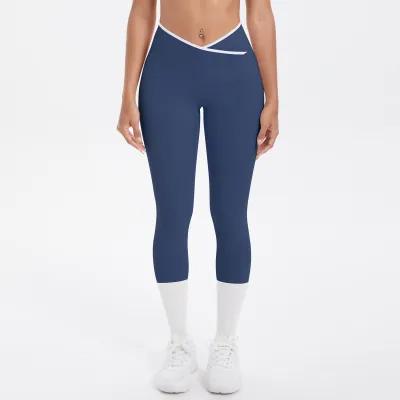 Women Fashion Naked Contrast Color Stitching Tight High Waist Quick-Drying Yoga Leggings