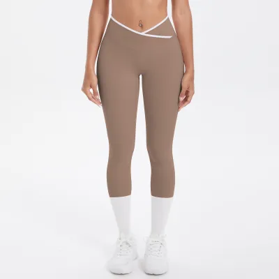 Women Fashion Naked Contrast Color Stitching Tight High Waist Quick-Drying Yoga Leggings