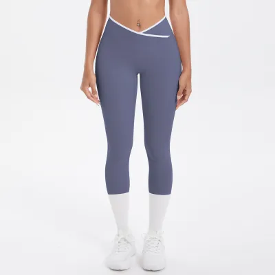 Women Fashion Naked Contrast Color Stitching Tight High Waist Quick-Drying Yoga Leggings