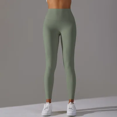 Women Fashion Simple Solid Color High Waist Naked Elastic Tight Yoga Sports Leggings