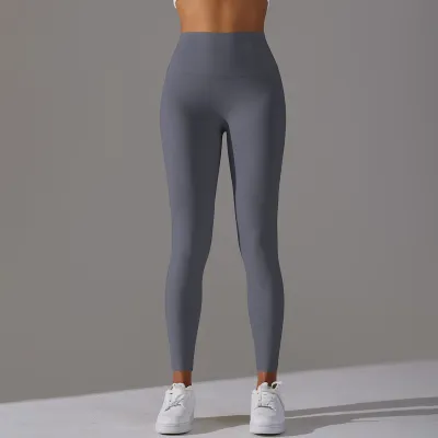 Women Fashion Simple Solid Color High Waist Naked Elastic Tight Yoga Sports Leggings