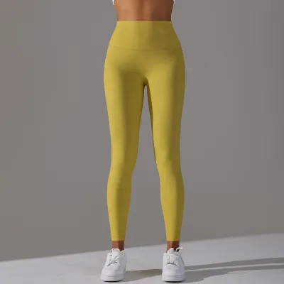 Women Fashion Simple Solid Color High Waist Naked Elastic Tight Yoga Sports Leggings