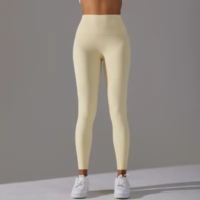 Women Fashion Simple Solid Color High Waist Naked Elastic Tight Yoga Sports Leggings