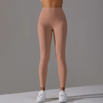 Women Fashion Simple Solid Color High Waist Naked Elastic Tight Yoga Sports Leggings