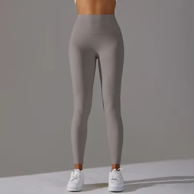 Women Fashion Simple Solid Color High Waist Naked Elastic Tight Yoga Sports Leggings