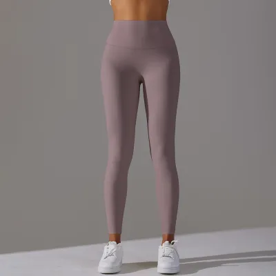 Women Fashion Simple Solid Color High Waist Naked Elastic Tight Yoga Sports Leggings