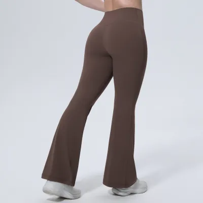 Women Fashion Casual Solid Color Tight High Waist Wide Leg Flared Yoga Pants