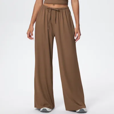 Women Fashion Casual Solid Color Pocket Drawstring Wide-Leg Yoga Sports Pants