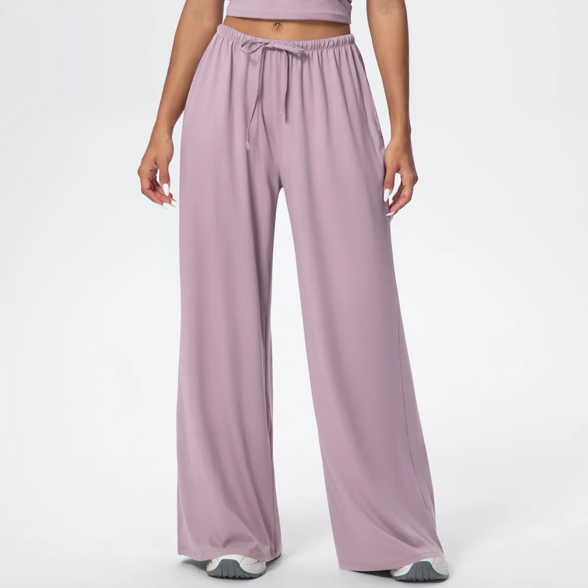 Women Fashion Casual Solid Color Pocket Drawstring Wide-Leg Yoga Sports Pants