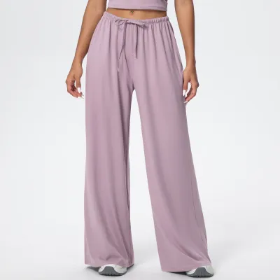Women Fashion Casual Solid Color Pocket Drawstring Wide-Leg Yoga Sports Pants
