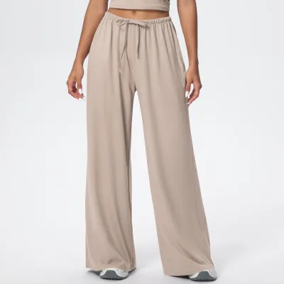 Women Fashion Casual Solid Color Pocket Drawstring Wide-Leg Yoga Sports Pants