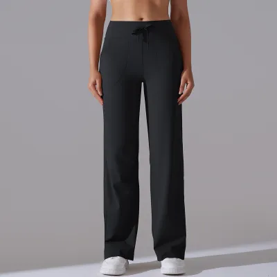Women Fashion Casual Solid Color Drawstring High Waist Yoga Sports Pocket Wide Leg Pants