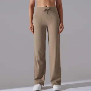 Women Fashion Casual Solid Color Drawstring High Waist Yoga Sports Pocket Wide Leg Pants