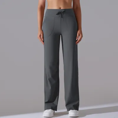 Women Fashion Casual Solid Color Drawstring High Waist Yoga Sports Pocket Wide Leg Pants