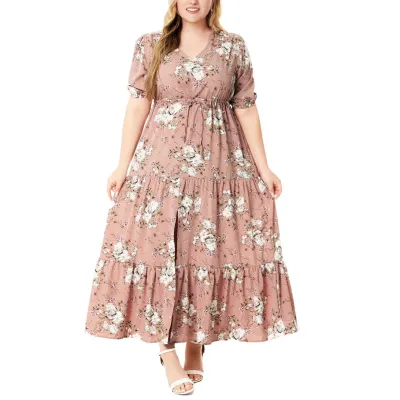 Women Fashion Casual Boho Plus Size Flower Print Short-Sleeve Loose Dress