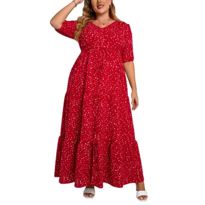 Women Fashion Casual Boho Plus Size Flower Print Short-Sleeve Loose Dress