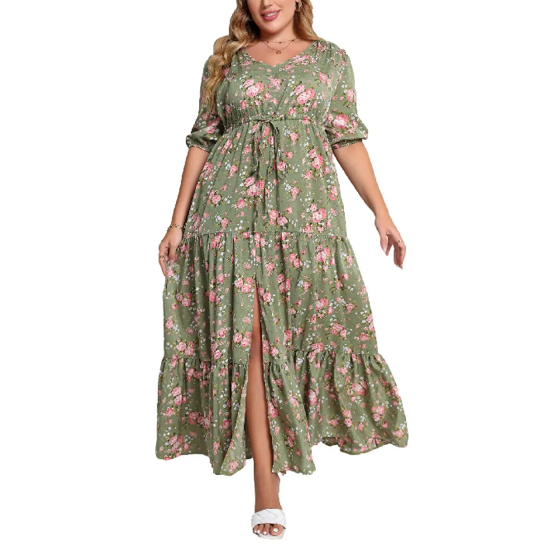 Women Fashion Casual Boho Plus Size Flower Print Short-Sleeve Loose Dress