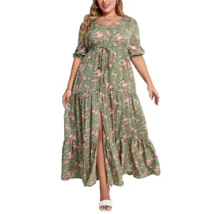 Women Fashion Casual Boho Plus Size Flower Print Short-Sleeve Loose Dress