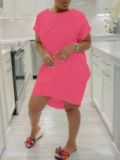 Women Casual Simple Plus Size Solid Color Round Neck Short Sleeve Loose Dress