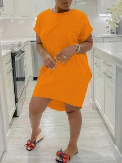 Women Casual Simple Plus Size Solid Color Round Neck Short Sleeve Loose Dress