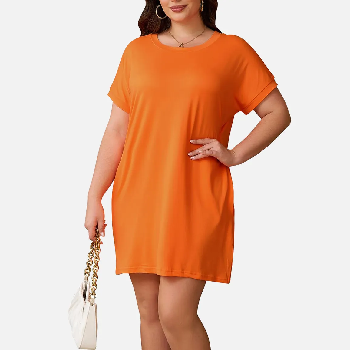 Women Casual Simple Plus Size Solid Color Round Neck Short Sleeve Loose Dress