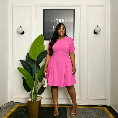 Women Fashion Elegant Plus Size Solid Color Round Neck Short Sleeve Double Row Button A- Line African Dress