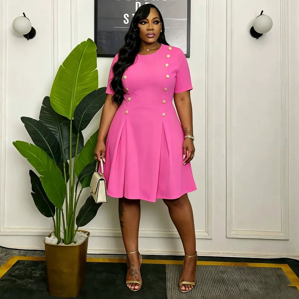 Women Fashion Elegant Plus Size Solid Color Round Neck Short Sleeve Double Row Button A- Line African Dress