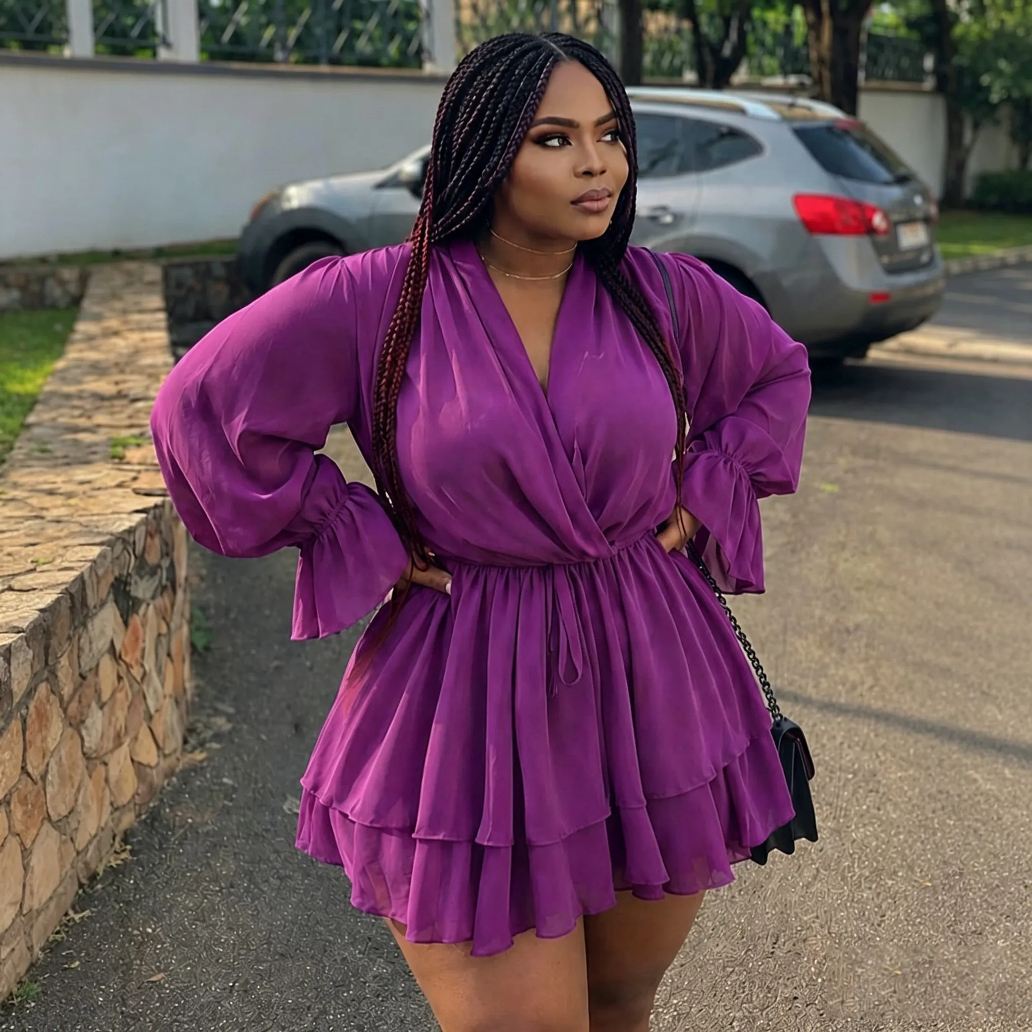 Women Fashion Sexy Elegant Plus Size Solid Color V-Neck Long-Sleeve Lace-Up Waist Multi Layer Dress