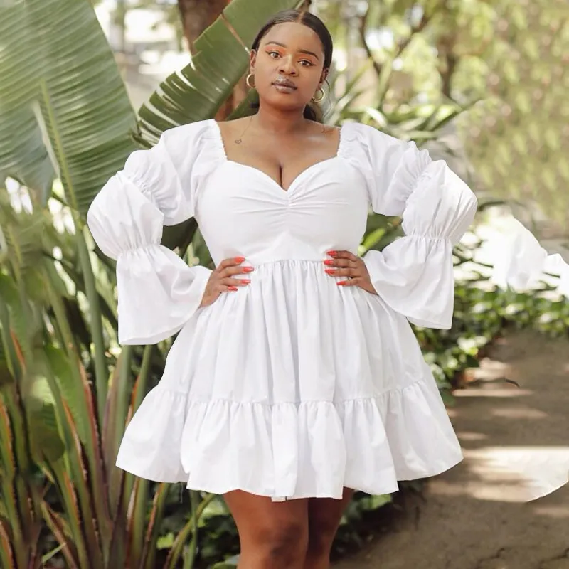 Women Fashion Casual Elegant Plus Size Solid Color Waist Lantern Long Sleeve Dress