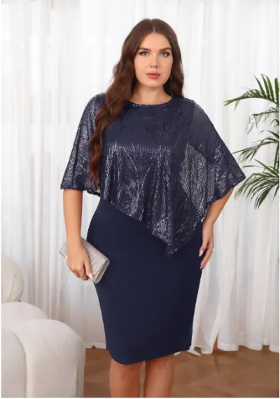Women Fashion Casual Plus Size Bead Stitching Irregular Slim Fit Dress