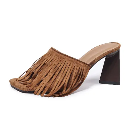 Women Fashion Sexy Boho Solid Color Tassel Square-Toe Thick Heeled Slippers