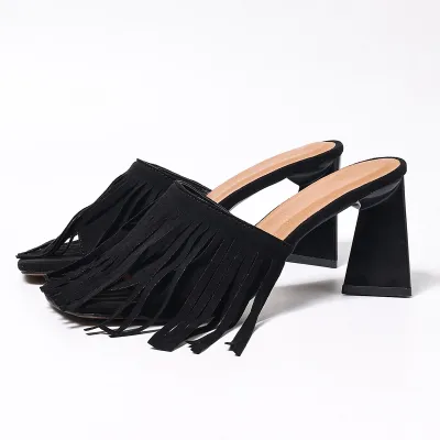 Women Fashion Sexy Boho Solid Color Tassel Square-Toe Thick Heeled Slippers