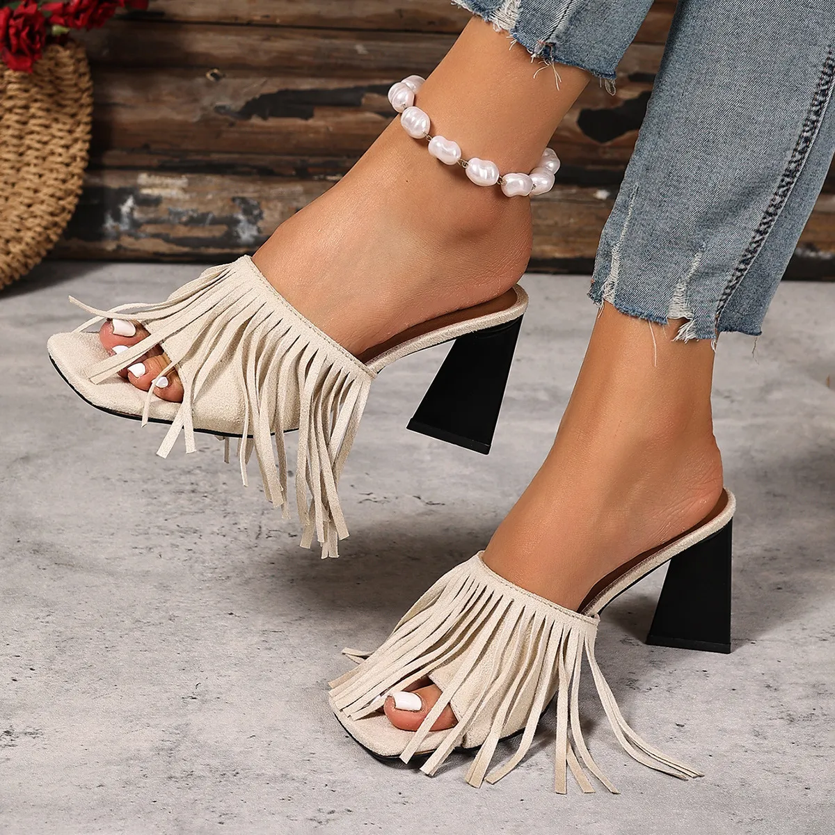Women Fashion Sexy Boho Solid Color Tassel Square-Toe Thick Heeled Slippers