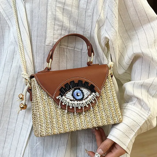 Fashion Evil Eye Straw Square Shoulder Bag