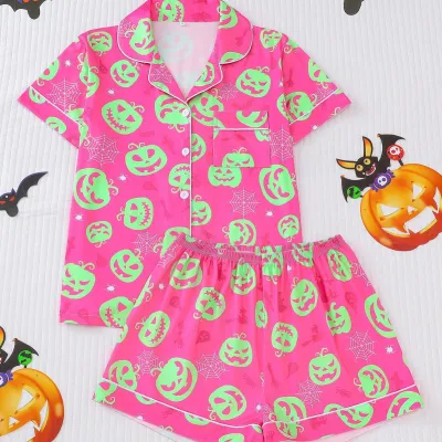 Halloween Women Printed Lapel Short Sleeve Cardigan Loose Shorts Pajamas Two-Piece Set