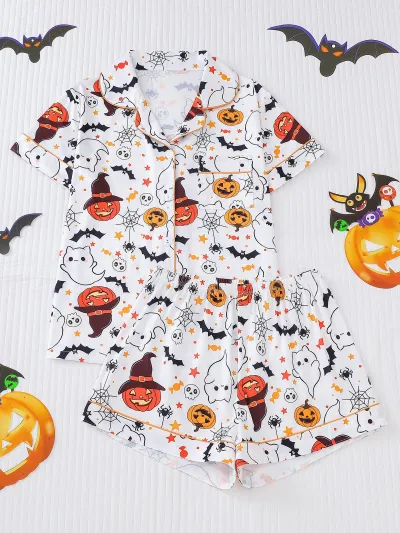 Halloween Women Printed Lapel Short Sleeve Cardigan Loose Shorts Pajamas Two-Piece Set
