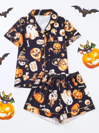 Halloween Women Printed Lapel Short Sleeve Cardigan Loose Shorts Pajamas Two-Piece Set
