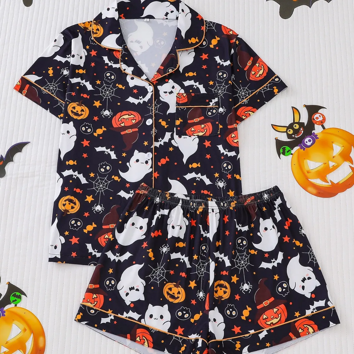 Halloween Women Printed Lapel Short Sleeve Cardigan Loose Shorts Pajamas Two-Piece Set