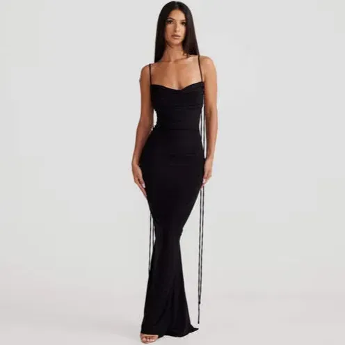 Women Sexy Solid Strap Backless Maxi Dress